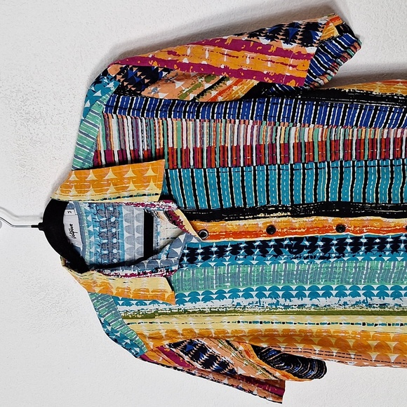 Vatpave Multicolor Striped Short Sleeve Retro Boho Button Down Shirt Size M - Picture 4 of 10